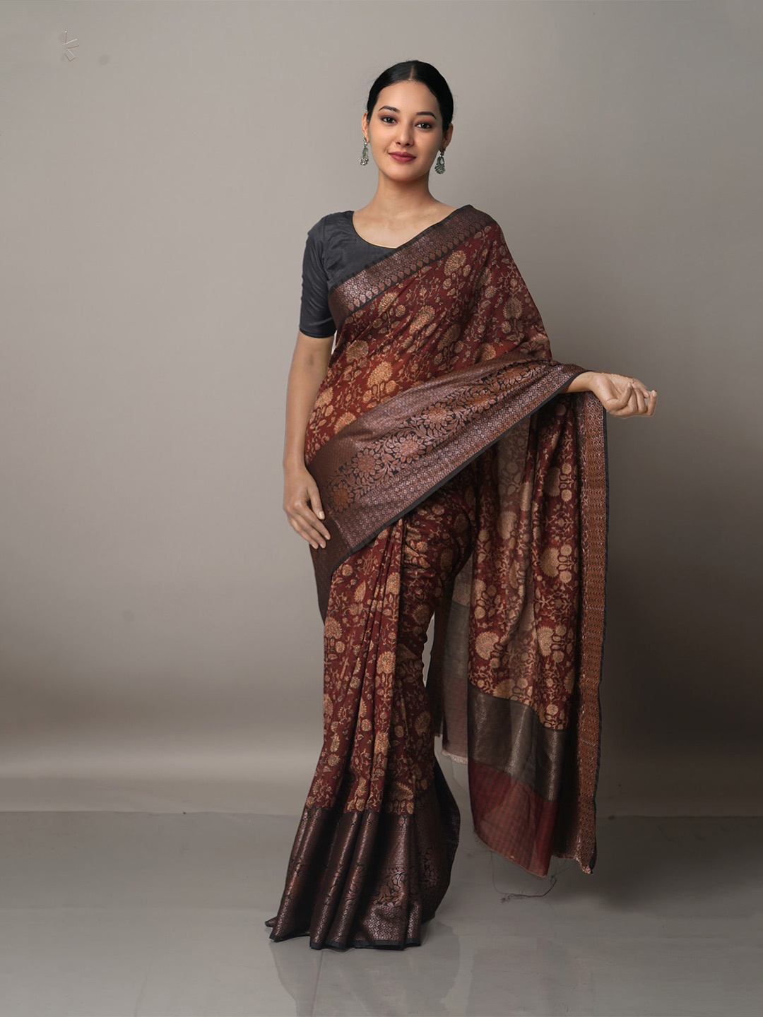 

Unnati Silks Maroon Block Printed Maheshwari Sico Saree