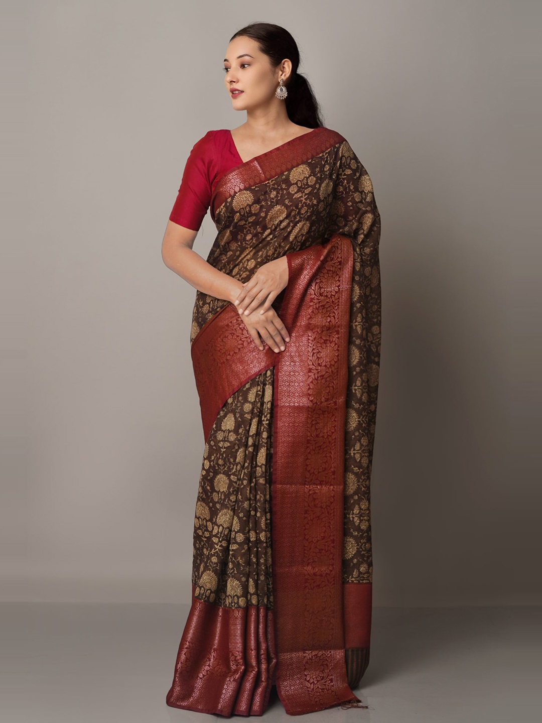 

Unnati Silks Brown Block Printed Maheshwari Sico Saree