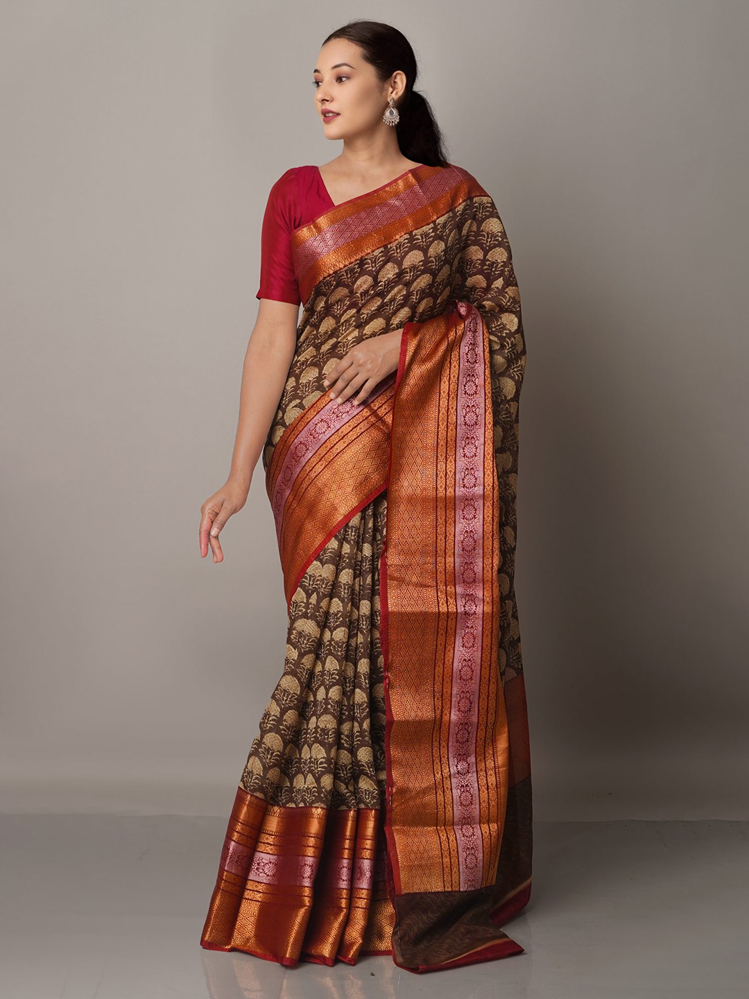 

Unnati Silks Brown Block Printed Maheshwari Sico Saree