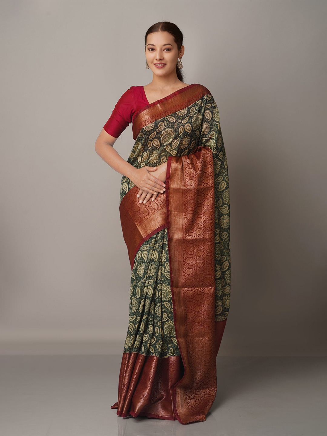 

Unnati Silks Green Block Printed Maheshwari Sico Saree