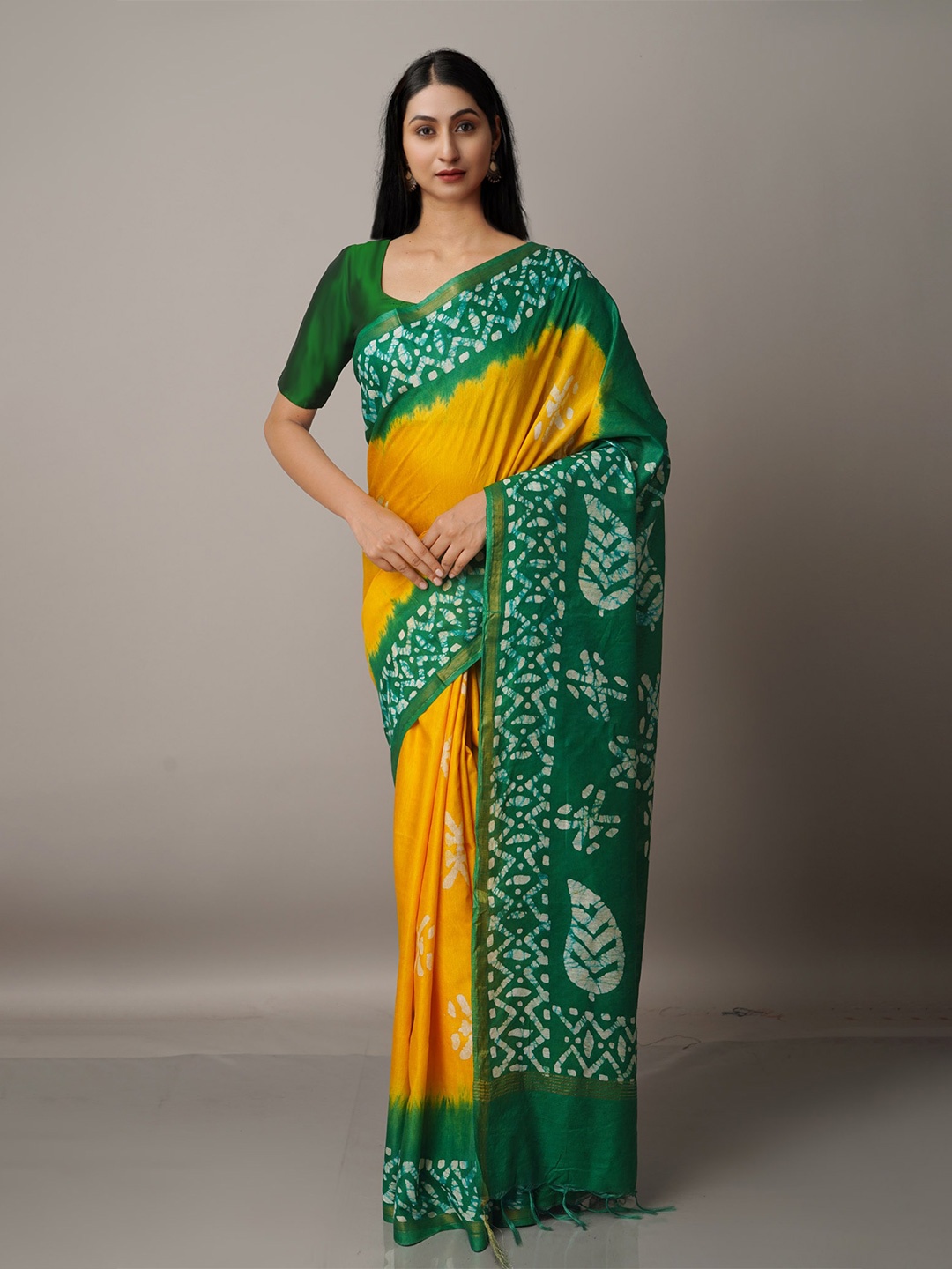 

Unnati Silks Yellow Pure Batik Chanderi Silk Saree