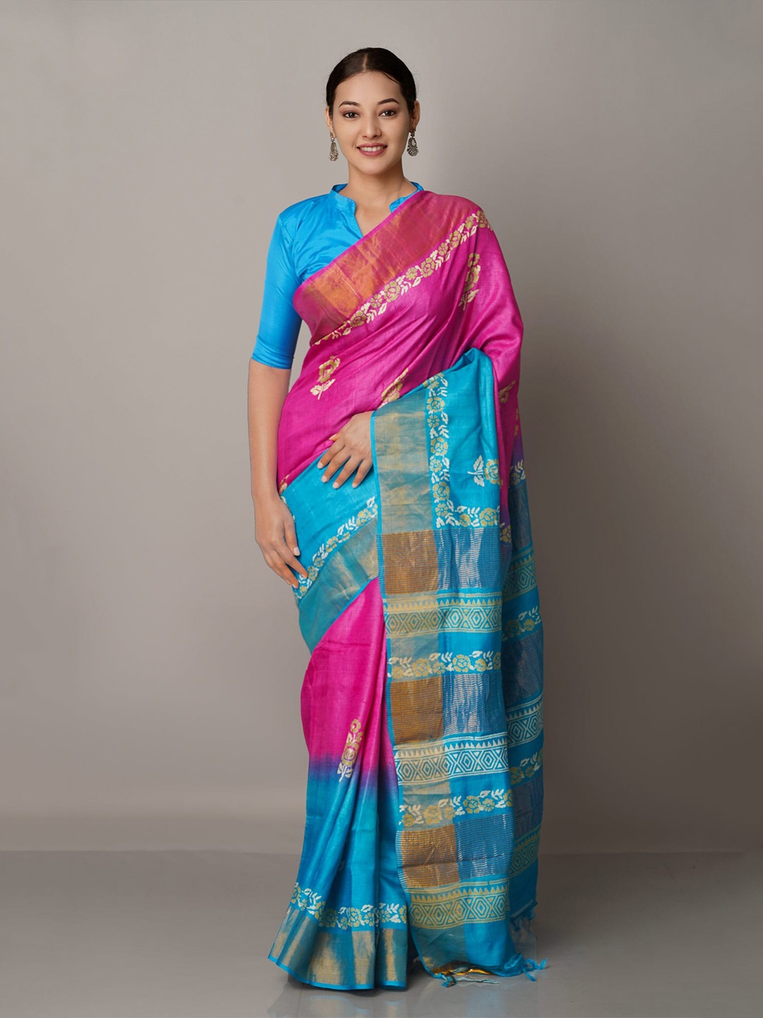 

Unnati Silks Pink Pure Handloom Bengal Tussar Silk Saree