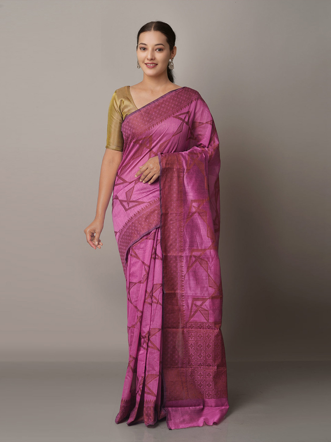 

Unnati Silks Purple & Gold-Toned Woven Design Zari Silk Cotton Chanderi Saree
