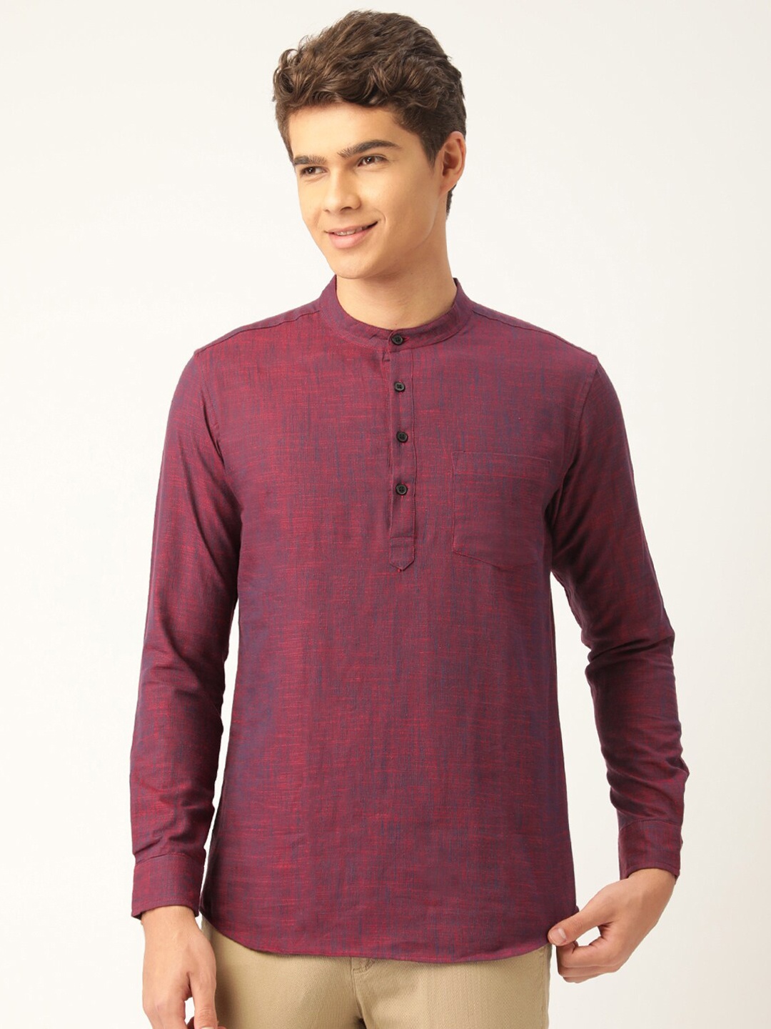 

WHITE HEART Men Red Pure Cotton Mandarin Collar Casual Shirt