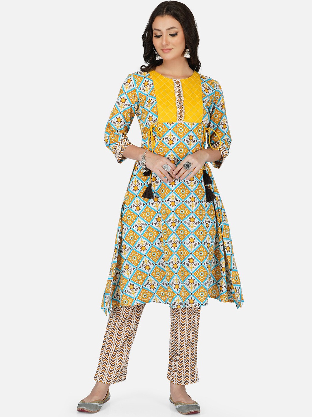

METRO-FASHION Women Yellow Printed Angrakha Thread Work Kurta with Trousers & With Dupatta