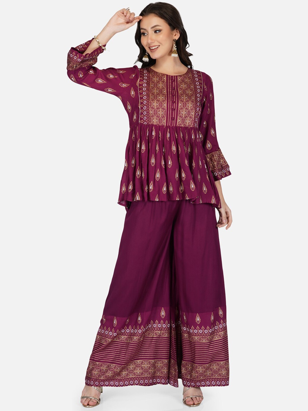 

METRO-FASHION Women Purple Ethnic Motifs Printed Empire Kurta with Sharara