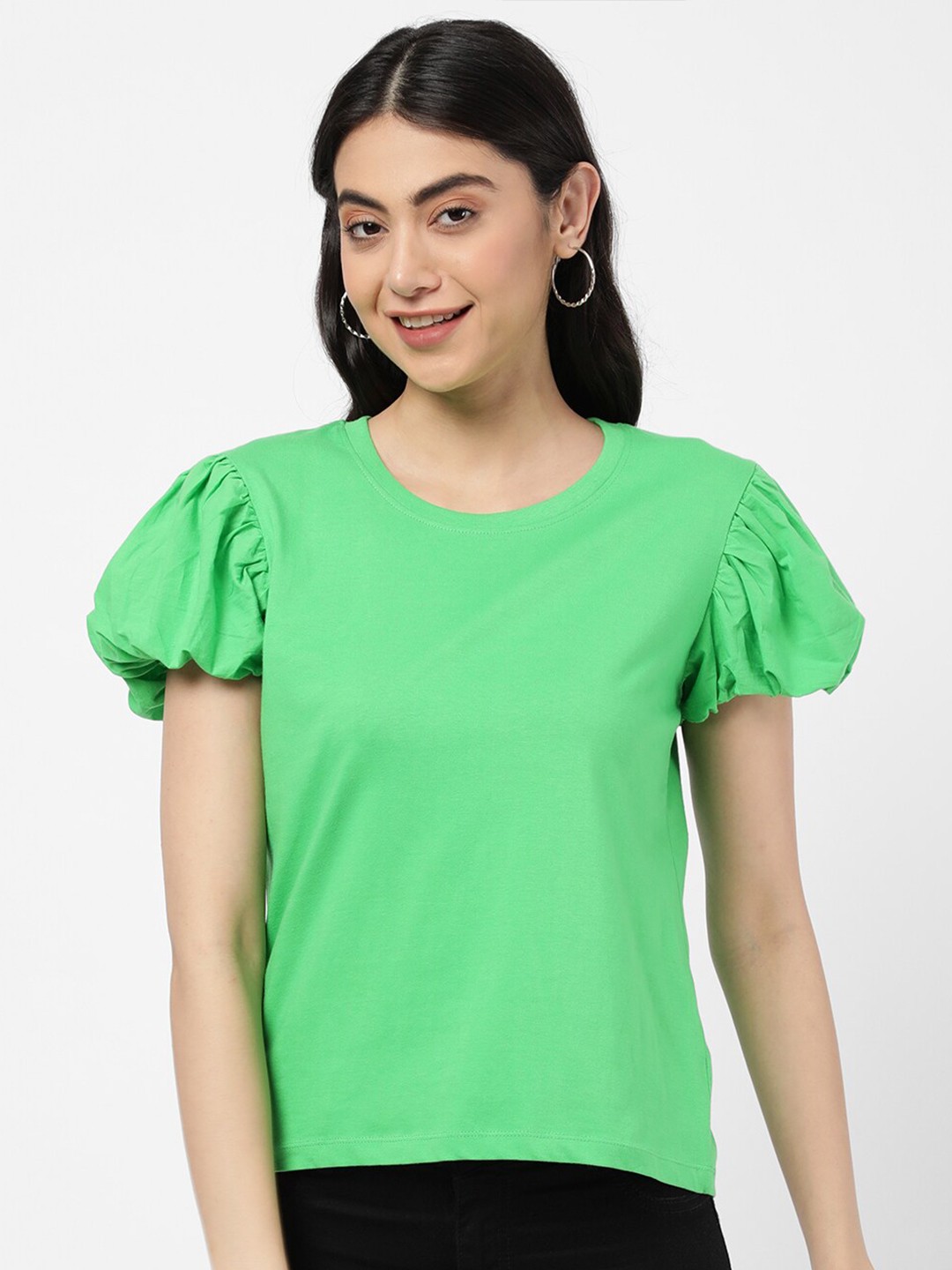 

R&B Women Green Puff Sleeves Pure Cotton Top