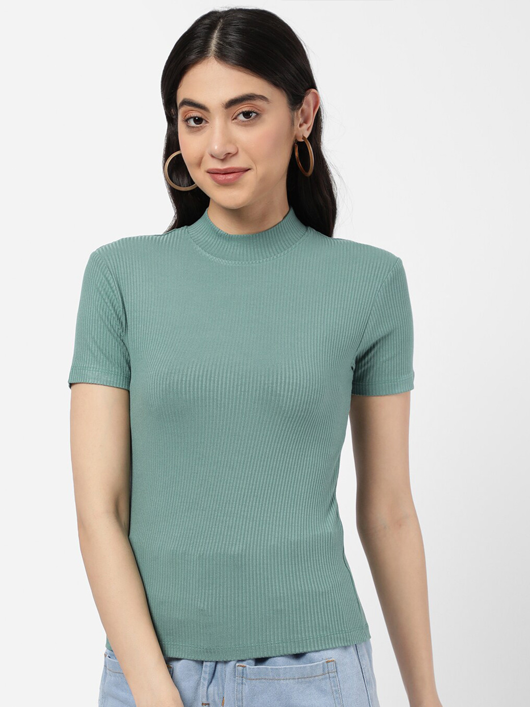 

R&B Green Solid High Neck Fitted Top