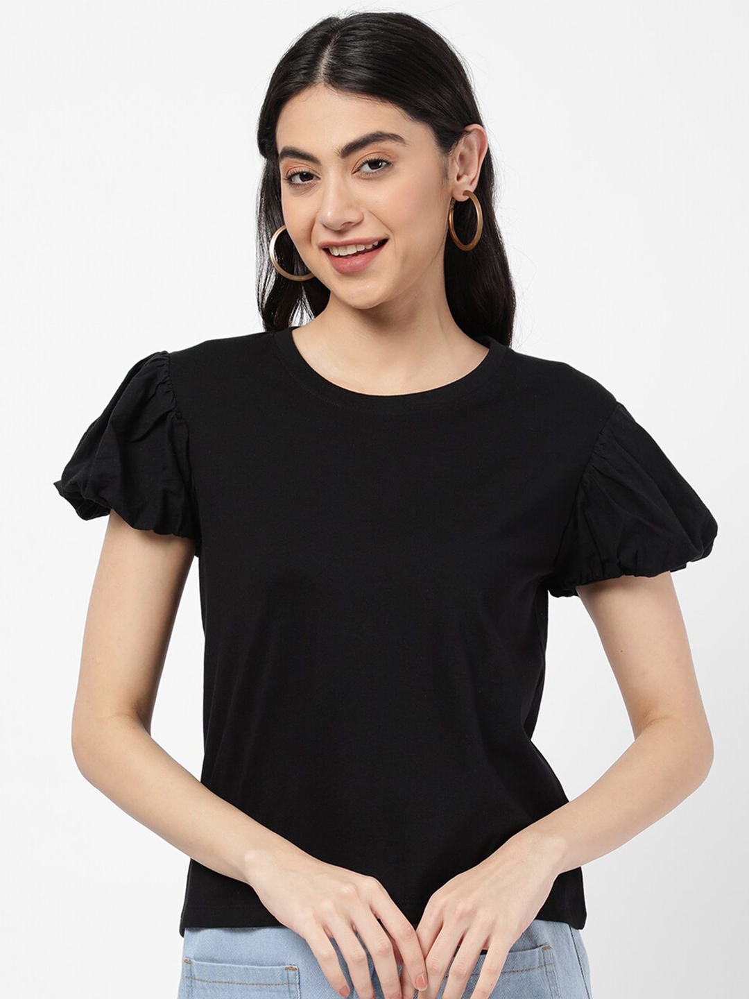 

R&B Women Black Puff Sleeves Cotton Top