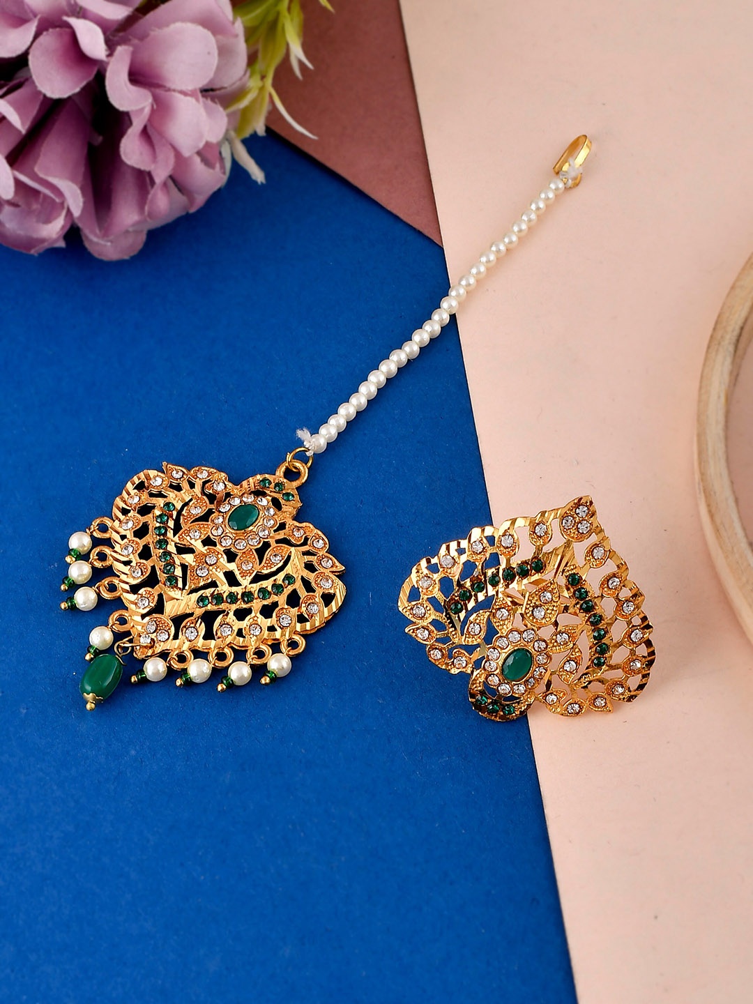 

Silvermerc Designs Gold-Plated & Green Meenakari Maang Tikka and Ring
