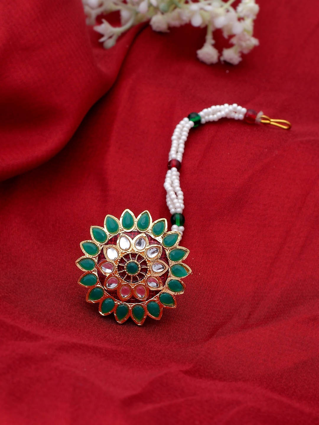 

Silvermerc Designs Woman Green Gold-Plated Kundan Borla Maang Tikka