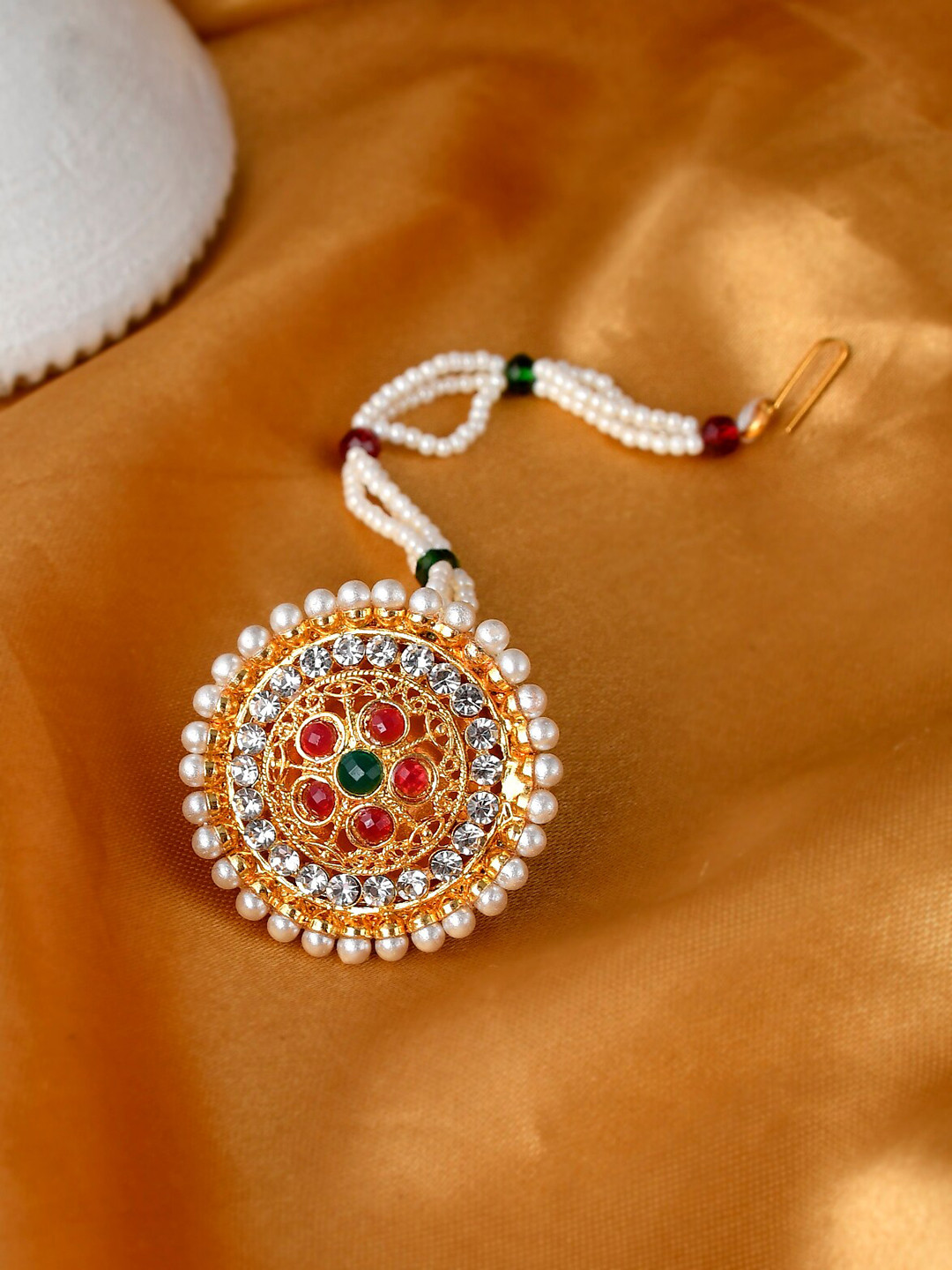 

Silvermerc Designs Red & Gold-Pleated Beaded Rajputi Borla Maangtikka