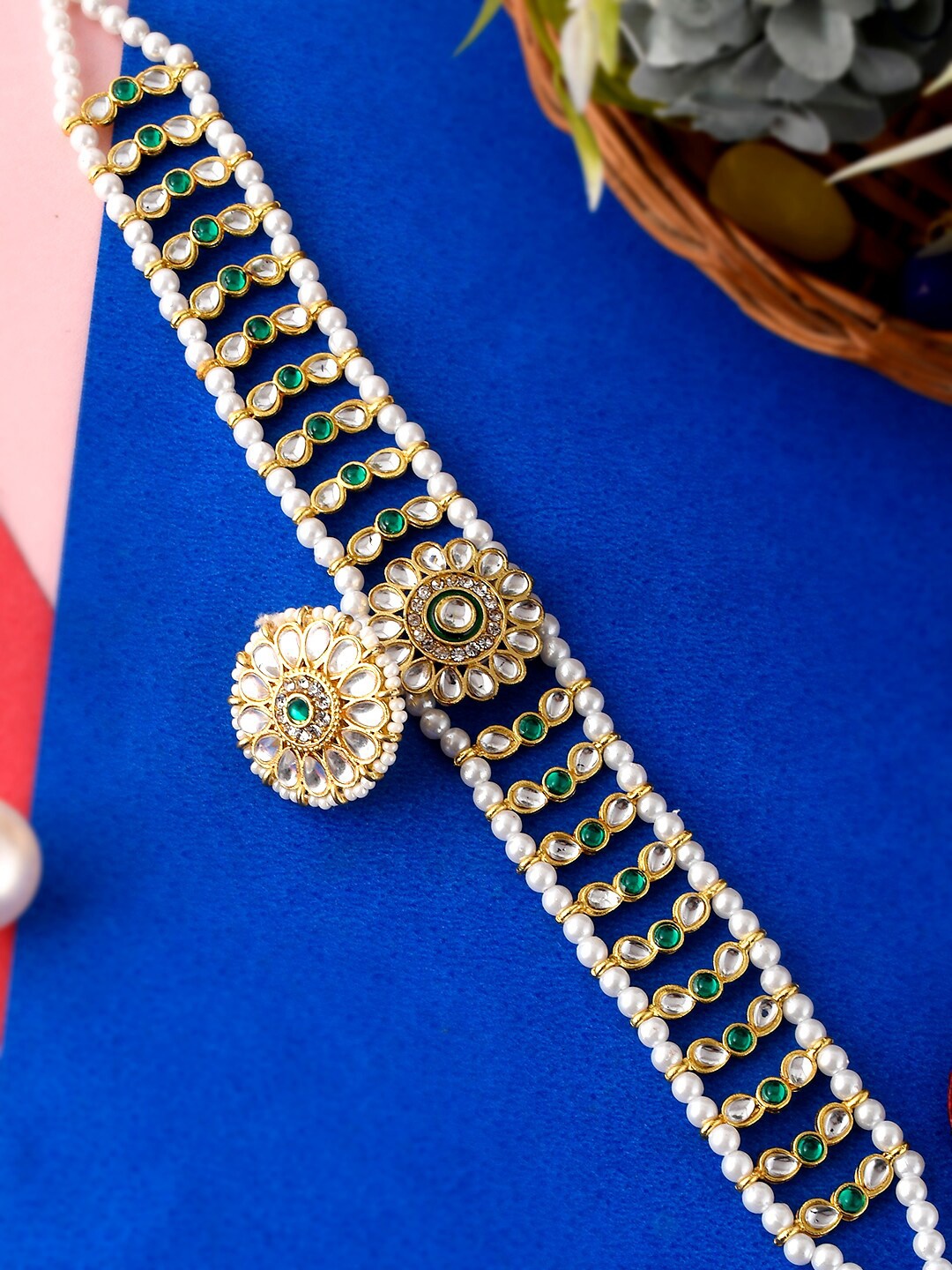 

Silvermerc Designs Gold-Plated Green Kundan Stone Studded Matha Patti