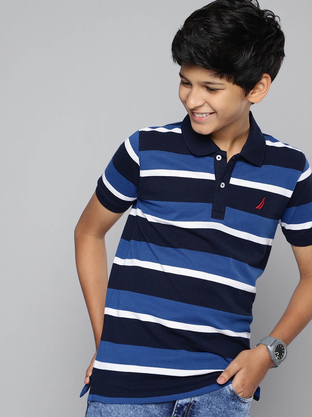 

Nautica Boys Pure Cotton Striped Polo Collar T-shirt, Navy blue