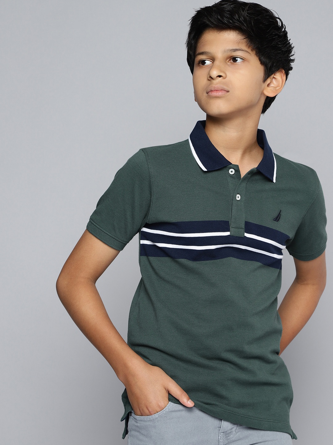 

Nautica Boys Pure Cotton Striped Polo Collar T-shirt, Olive