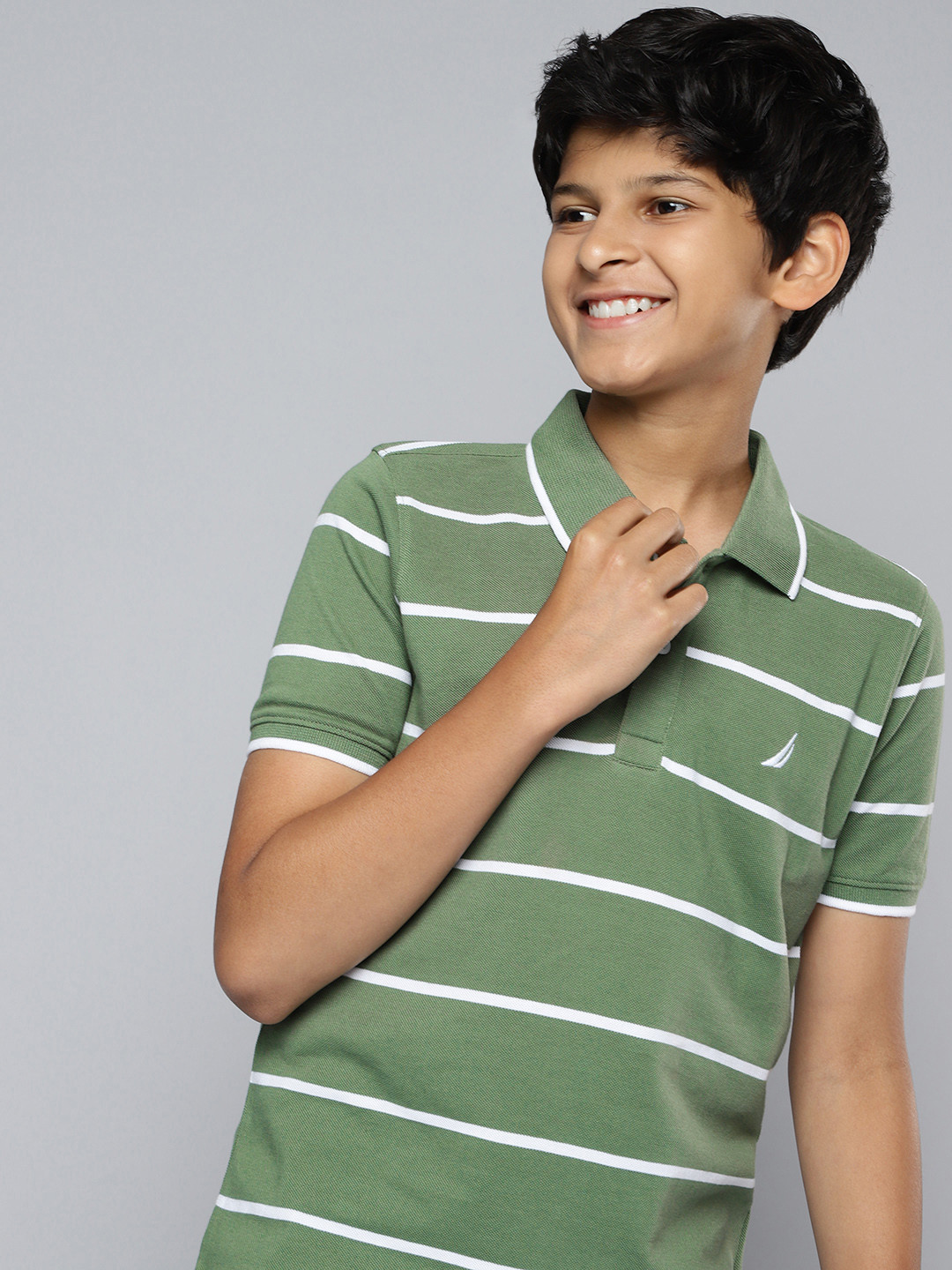 

Nautica Boys Pure Cotton Striped Polo Collar T-shirt, Olive