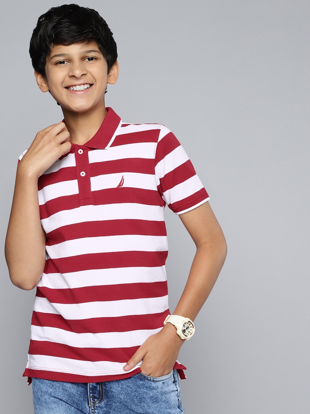 

Nautica Boys Pure Cotton Striped Polo Collar T-shirt, Red