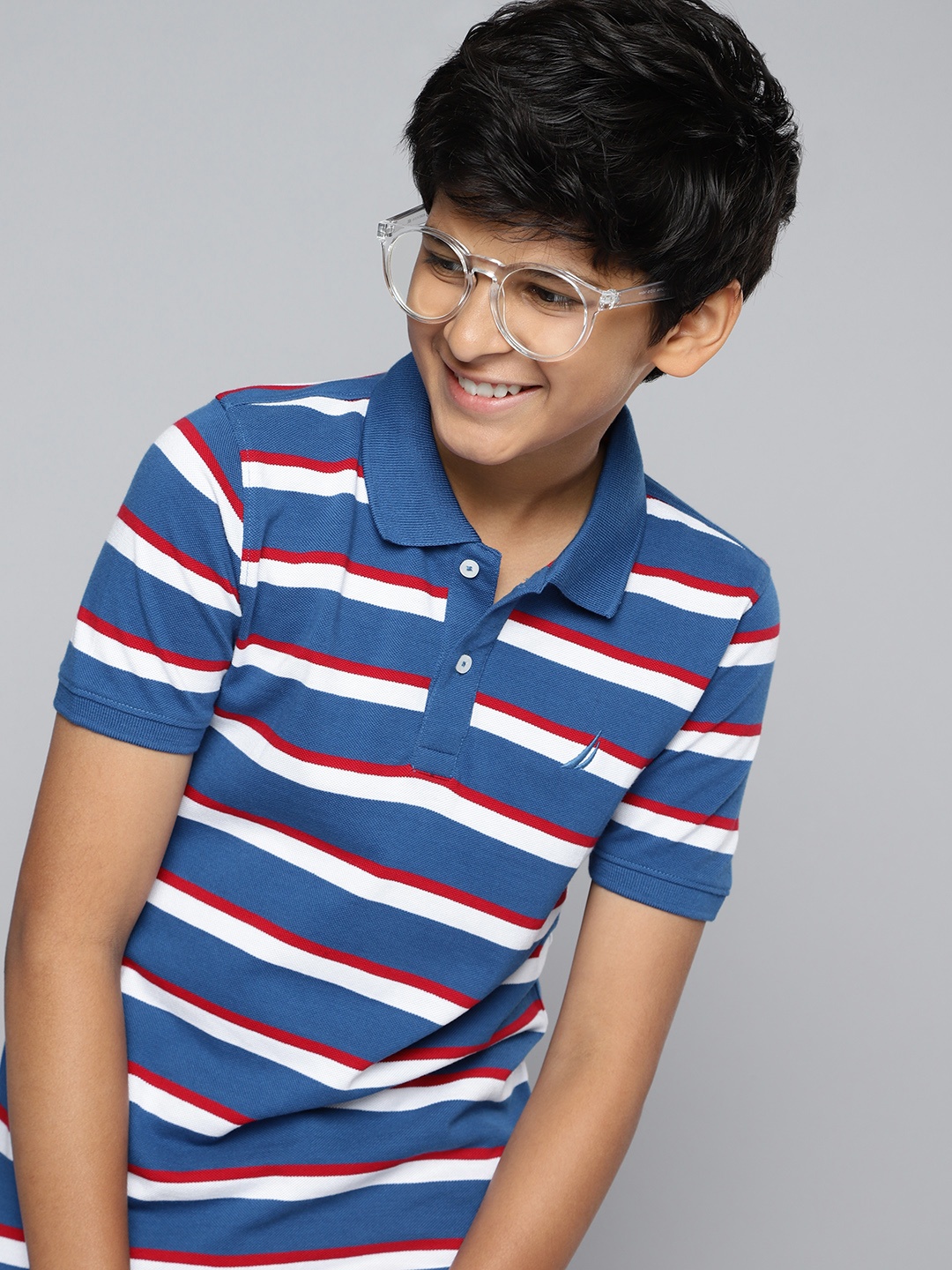 

Nautica Boys Pure Cotton Striped Polo Collar T-shirt, Teal