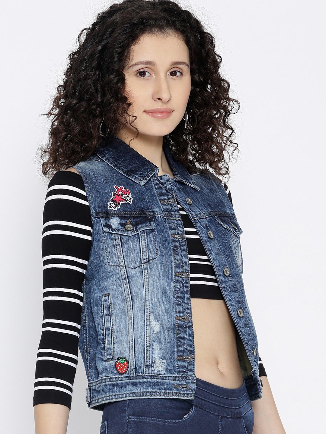 

Xpose Women Blue Red Washed Denim Jacket with Patchwork