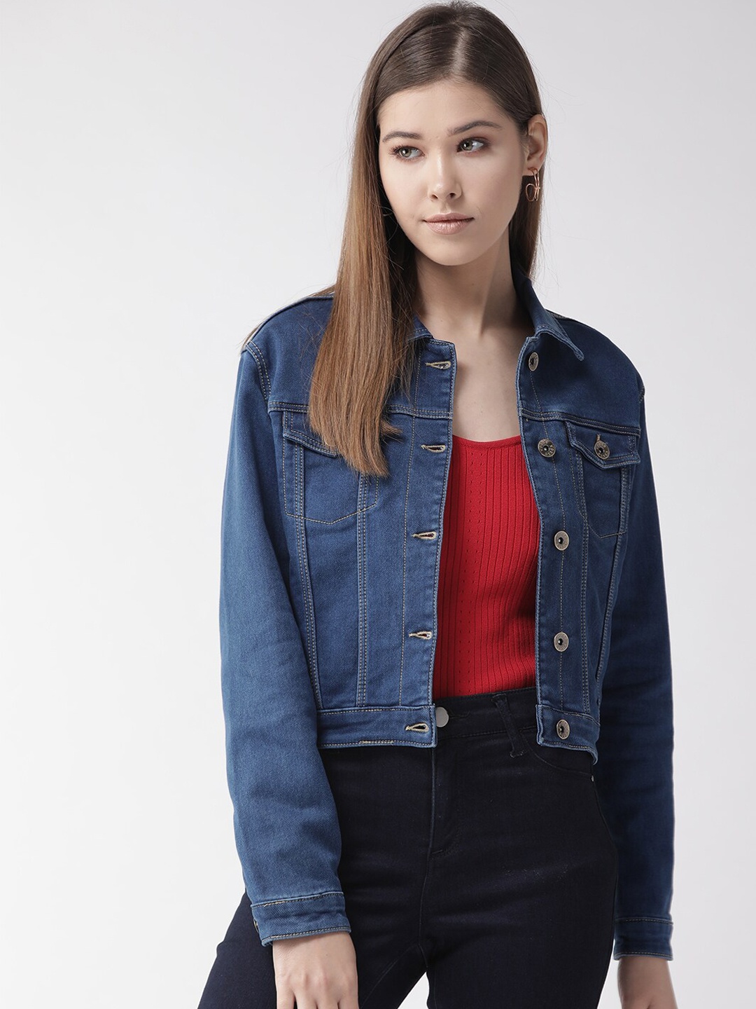 

Xpose Women Blue Washed Crop Denim Jacket