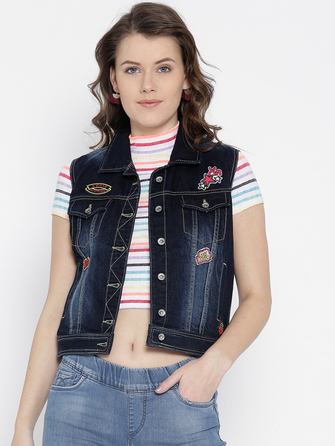 

Xpose Women Navy Blue Washed Crop Denim Jacket
