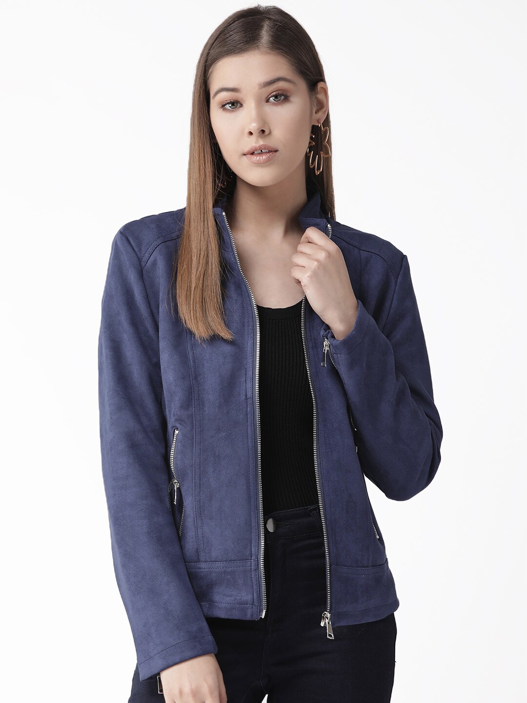 

Xpose Women Navy Blue Suede Lightweight Tailored Jacket