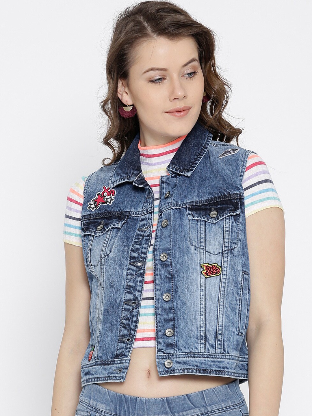 

Xpose Women Blue Washed Crop Denim Jacket