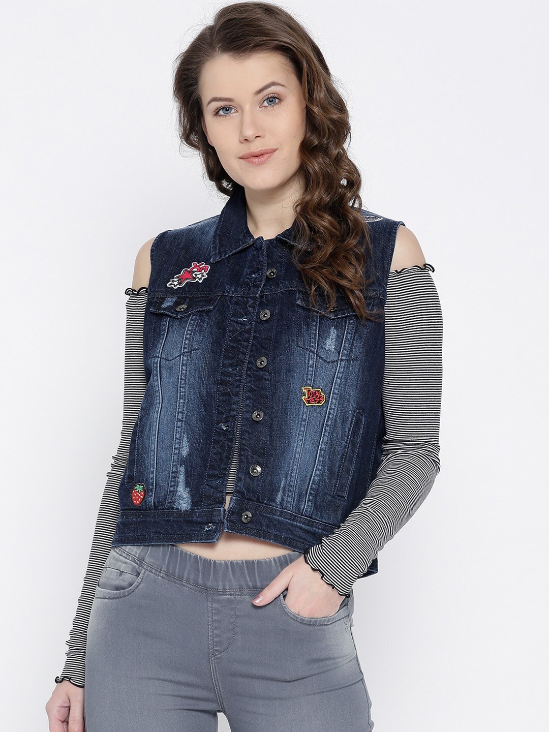 

Xpose Women Navy Blue Washed Denim Jacket with Patchwork