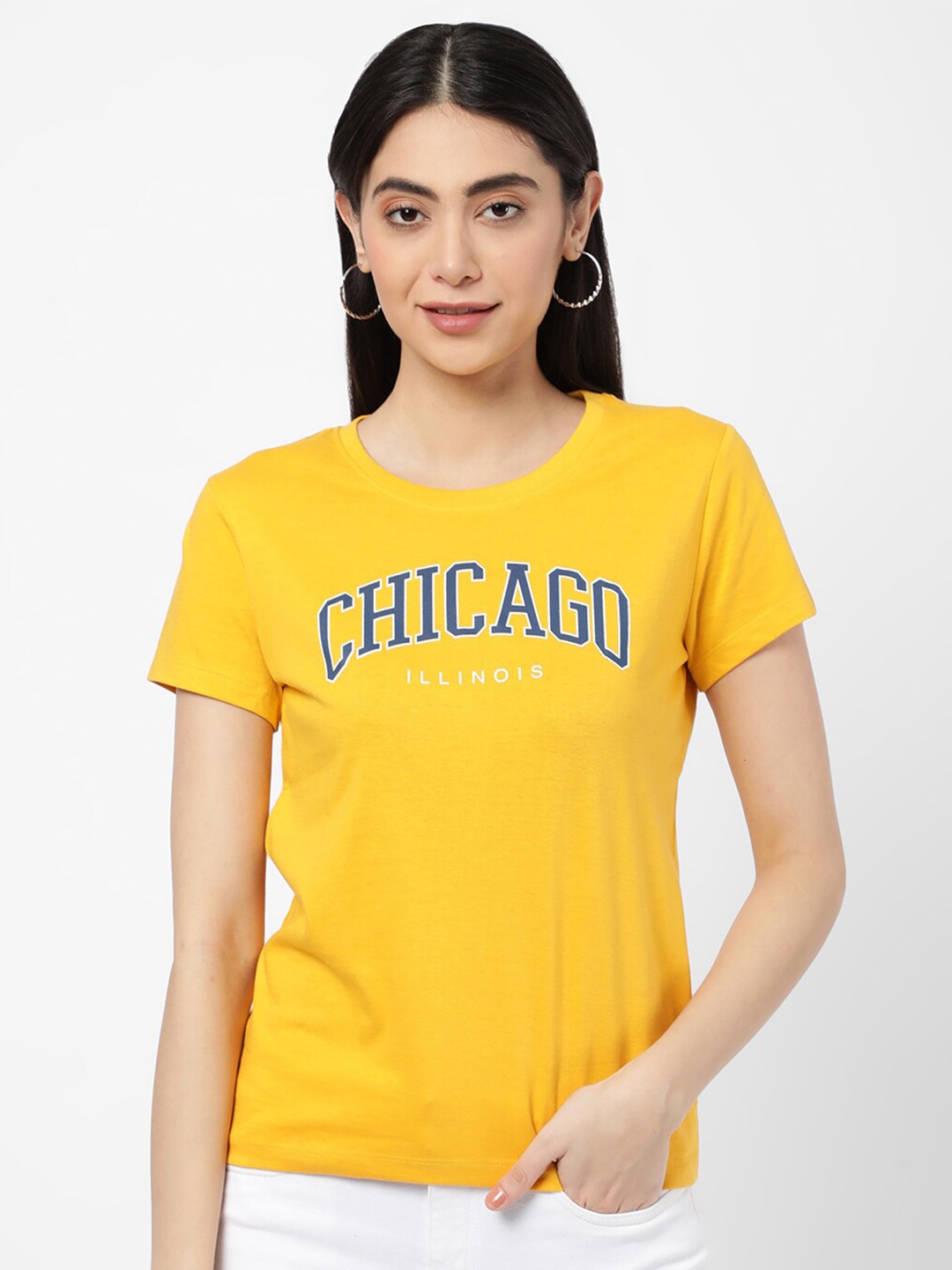 

R&B Women Yellow Typography V-Neck T-shirt