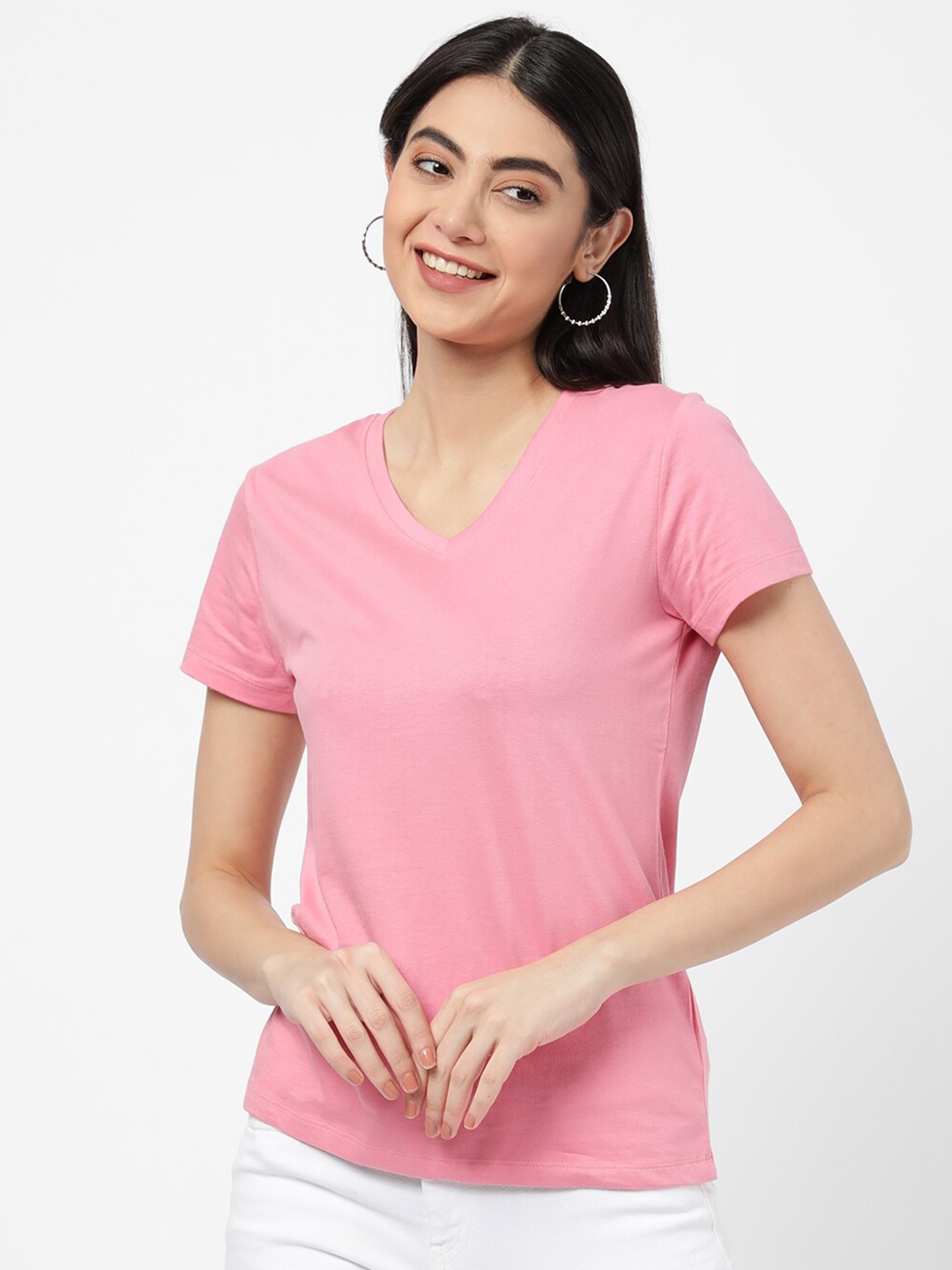 

R&B Women Pink V-Neck Raw Edge T-shirt
