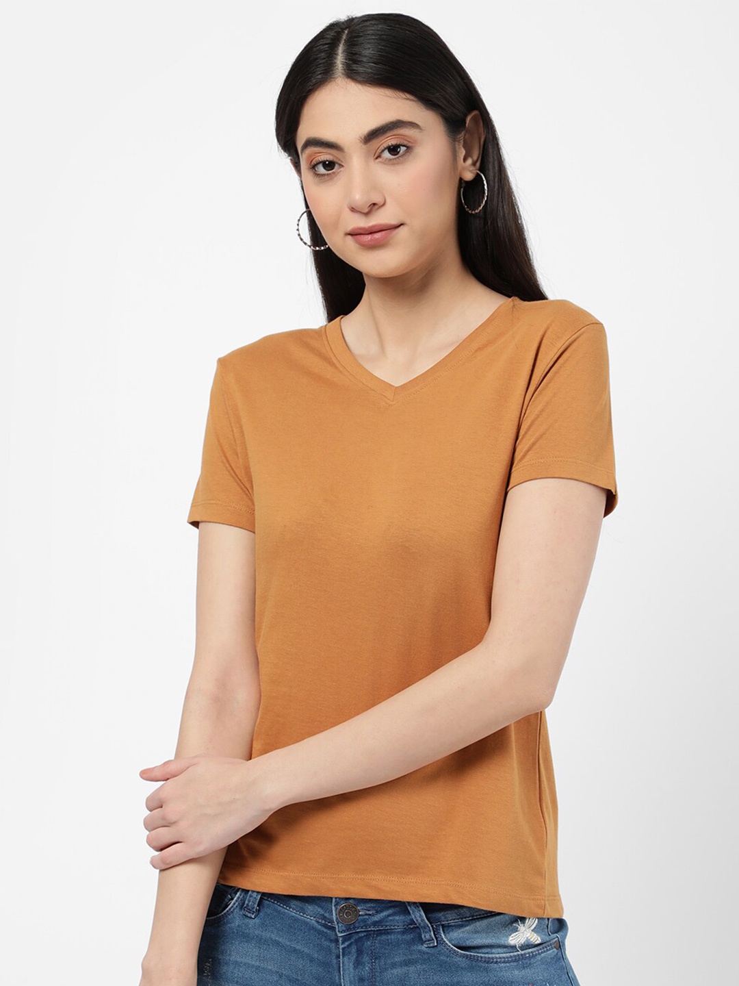 

R&B Women Beige V-Neck T-shirt