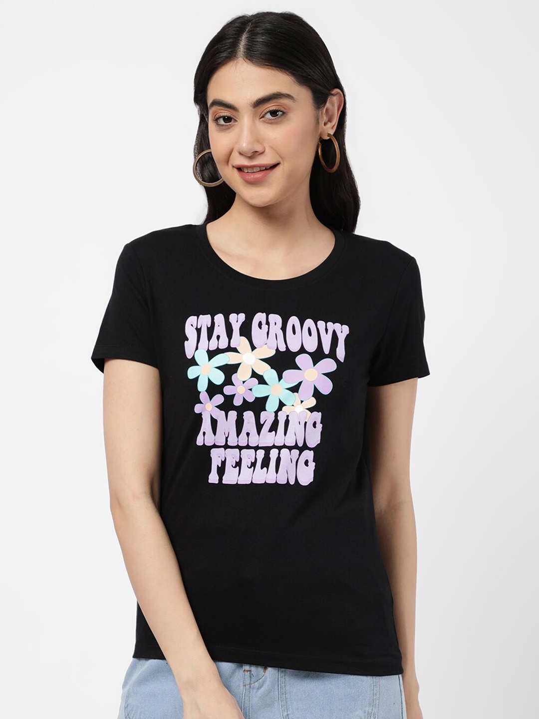

R&B Women Black Printed T-shirt