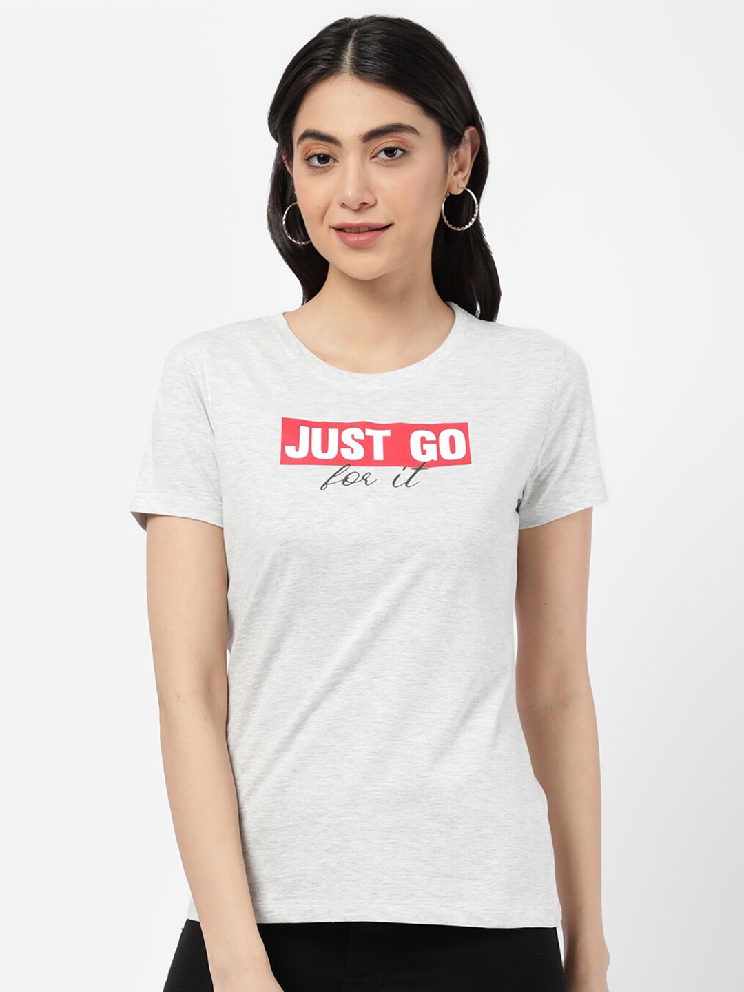 

R&B Women Grey Drop-Shoulder Sleeves Applique T-shirt