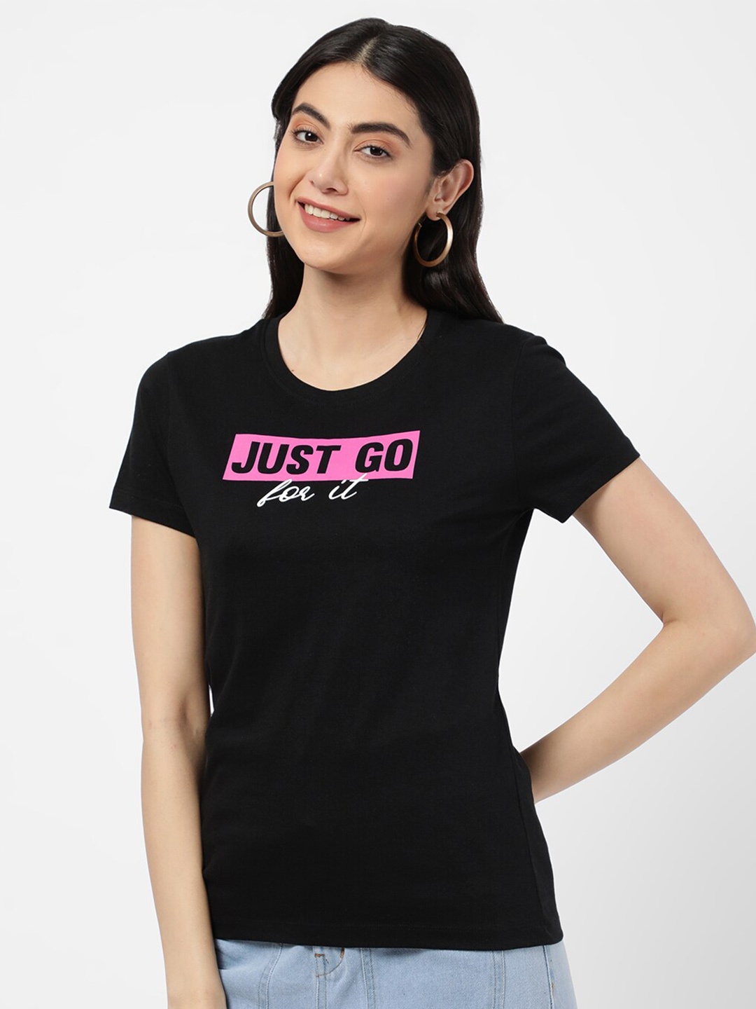 

R&B Women Typography Graphic Print Cotton T-shirt, Black