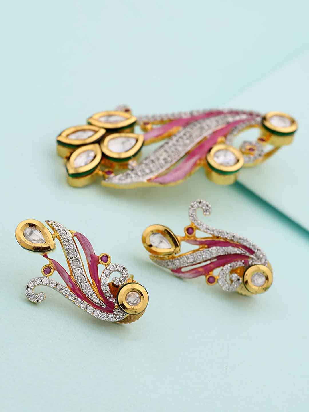 

Voylla Women Set of 3 Gold-Toned & Pink Stone Studded Pendant & Earrings