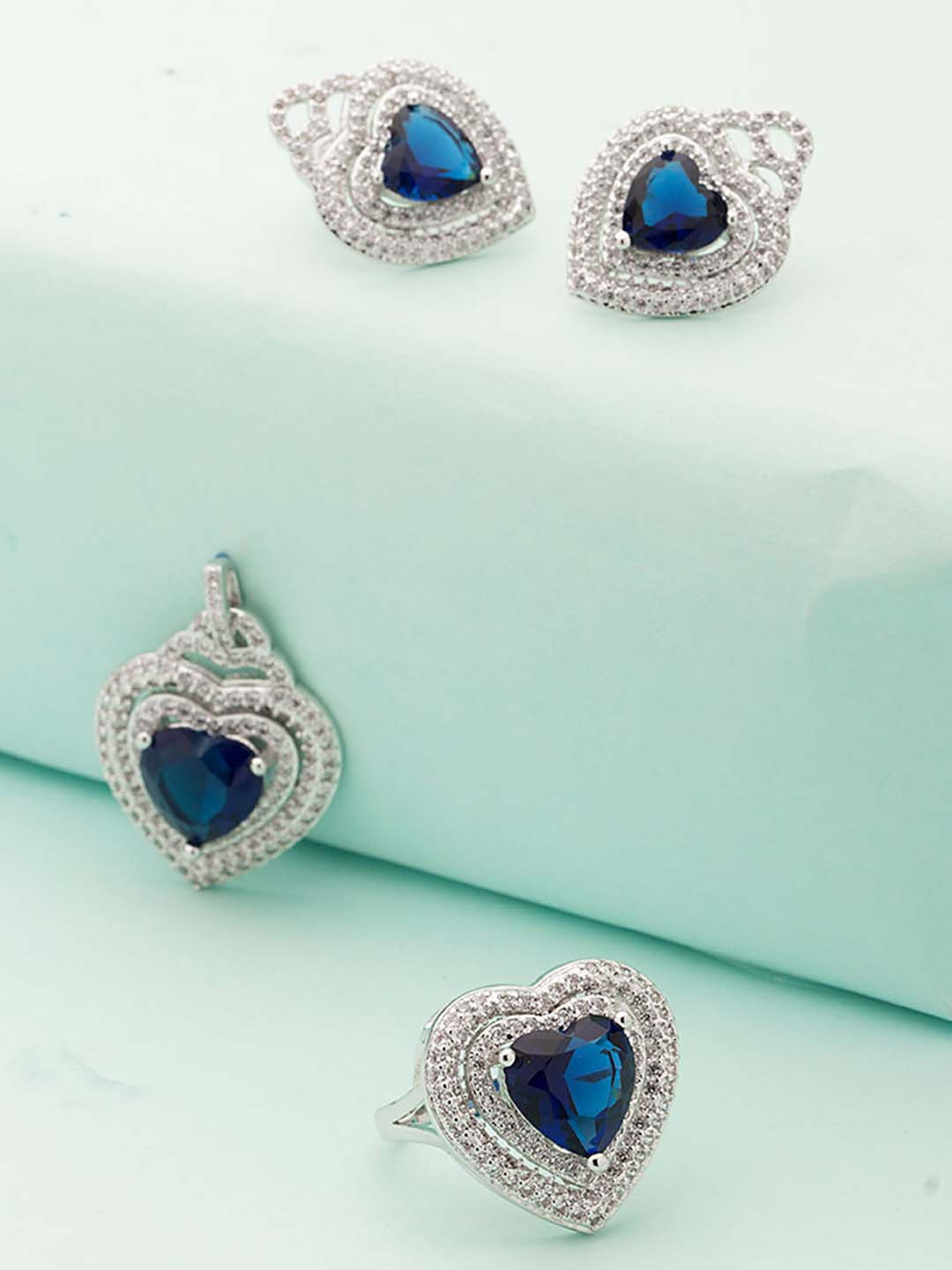 

Voylla Silver-Plated Pack Of 3 Heart Shaped Earring & Finger Ring