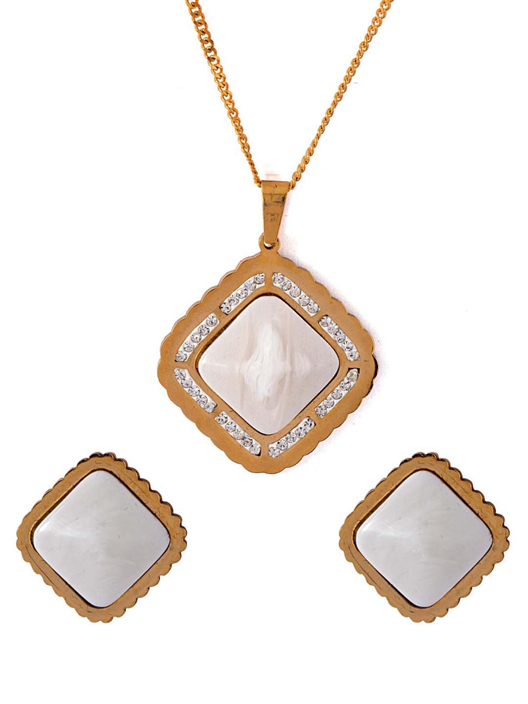 

Voylla Gold-Toned & White Studded CZ Embellished Pendant Set with Earrings