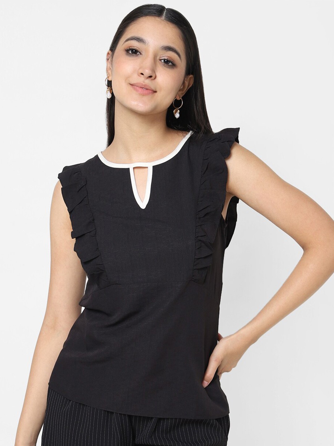 

VASTRADO Women Black Keyhole Neck Top