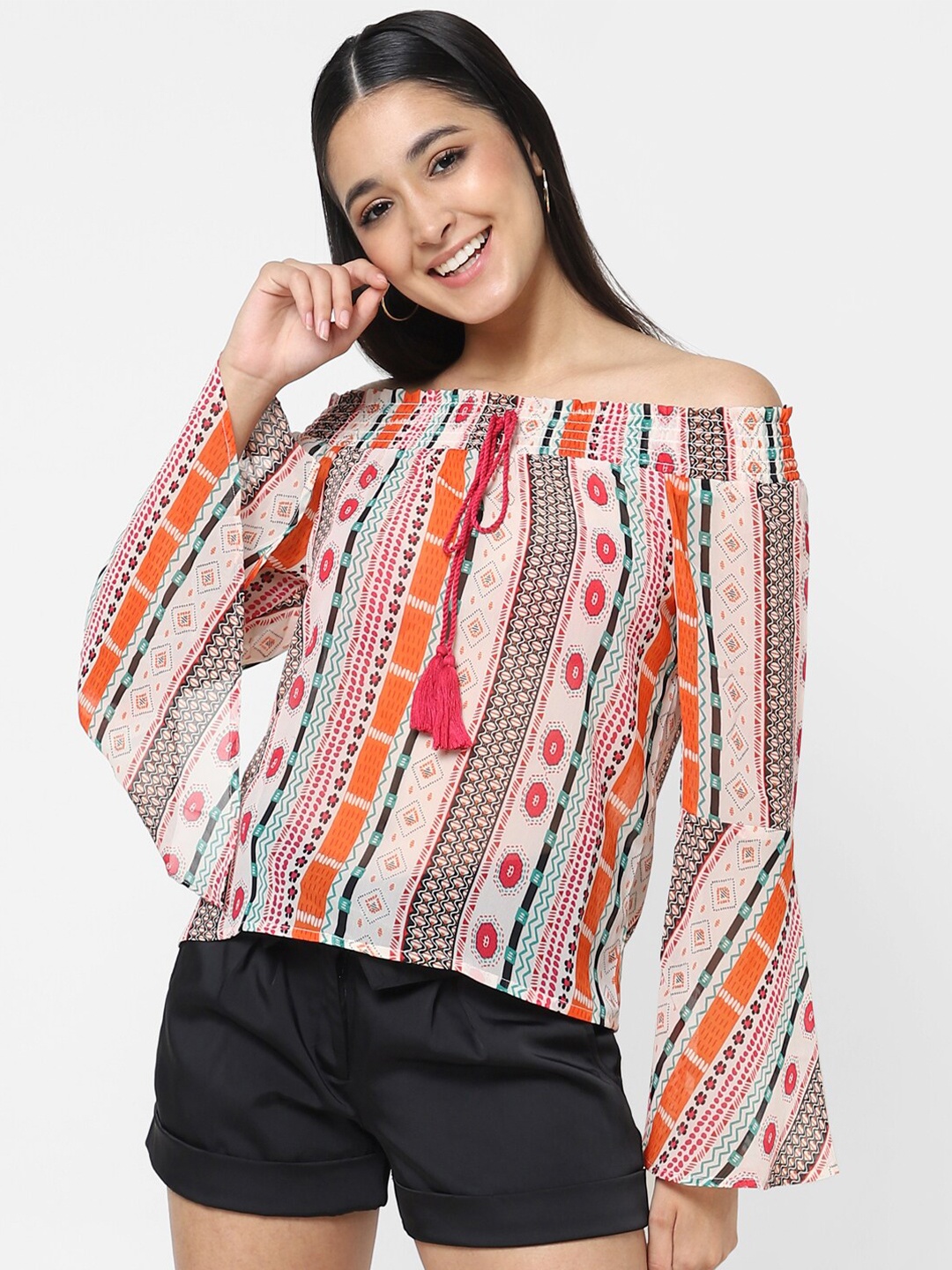 

VASTRADO Women Pink & Orange Print Off-Shoulder Top