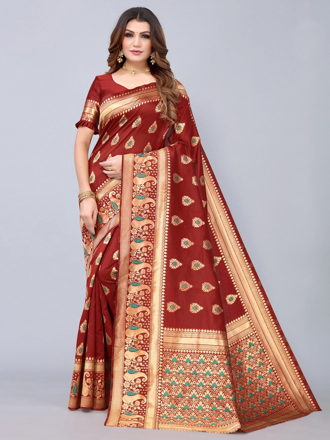 

Mitera Maroon & Gold-Toned Ethnic Motifs Zari Banarasi Saree