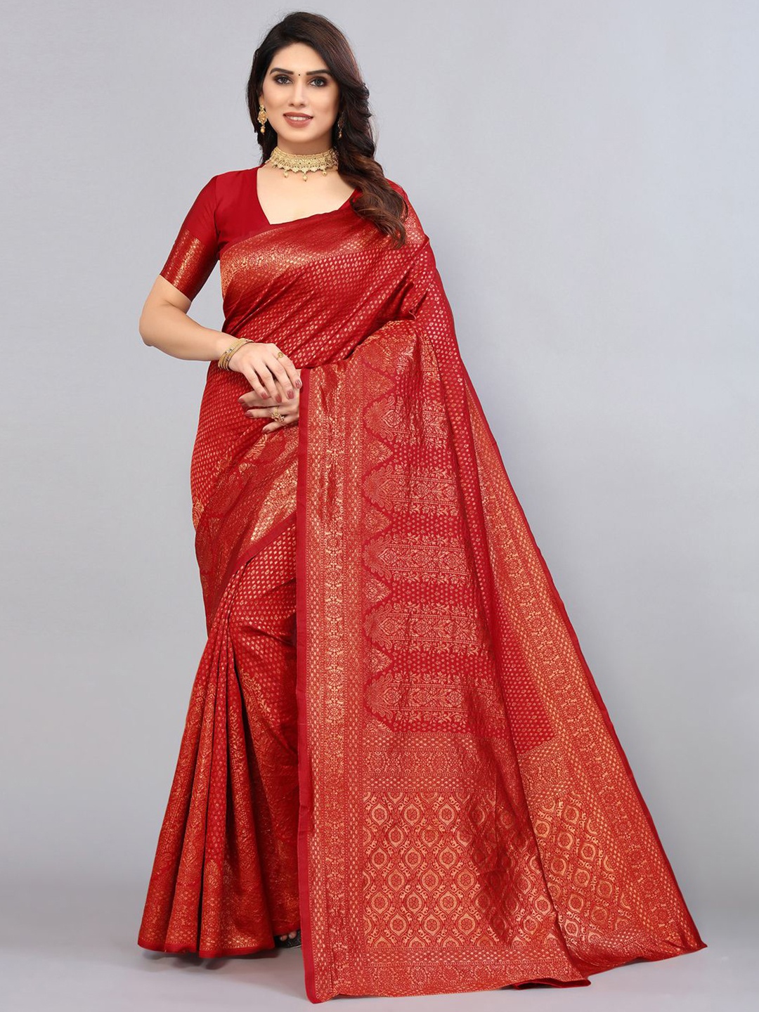 

Mitera Red & Gold-Toned Ethnic Motifs Zari Banarasi Saree