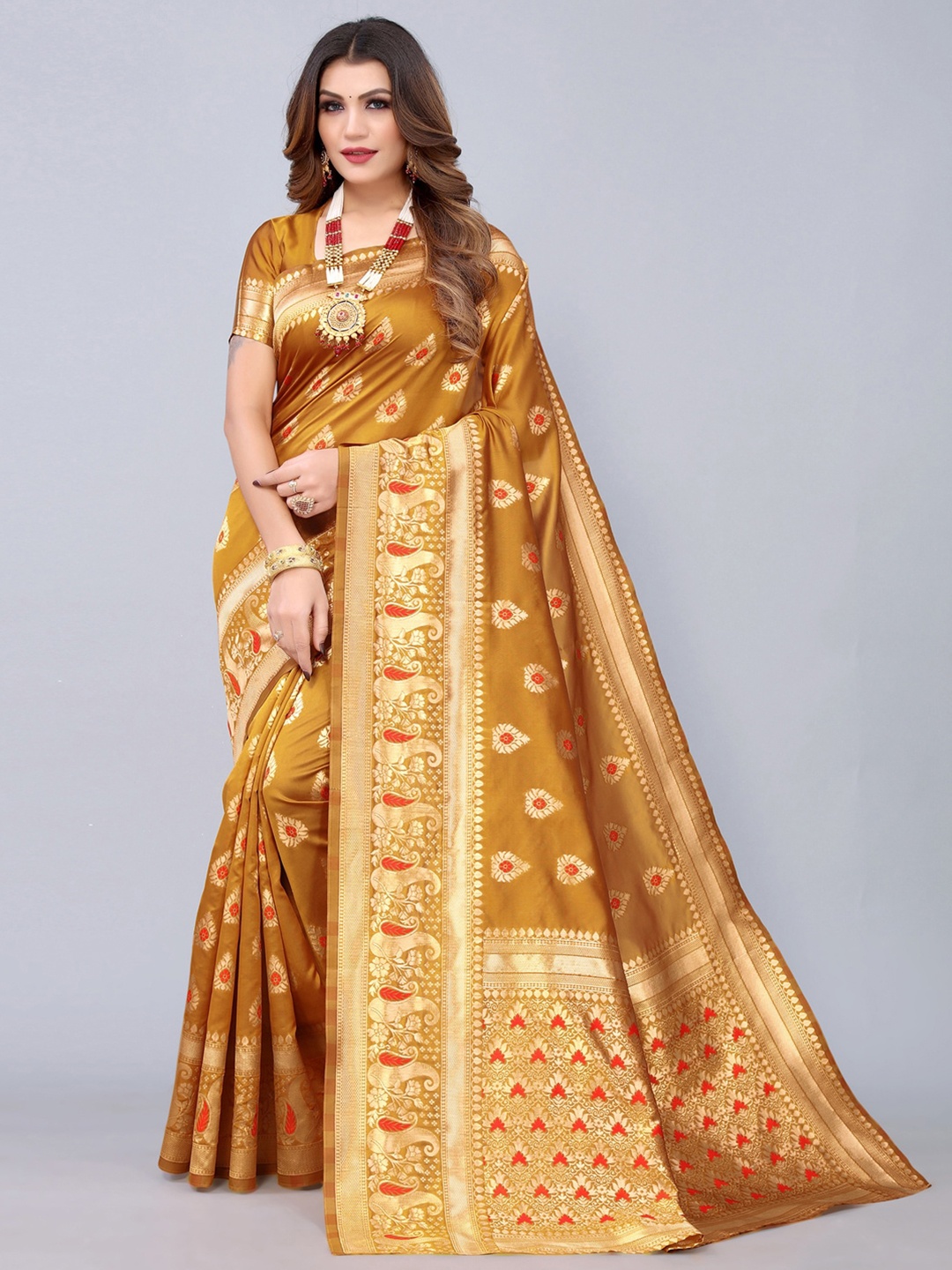 

Mitera Rust & Red Ethnic Motifs Banarasi Saree