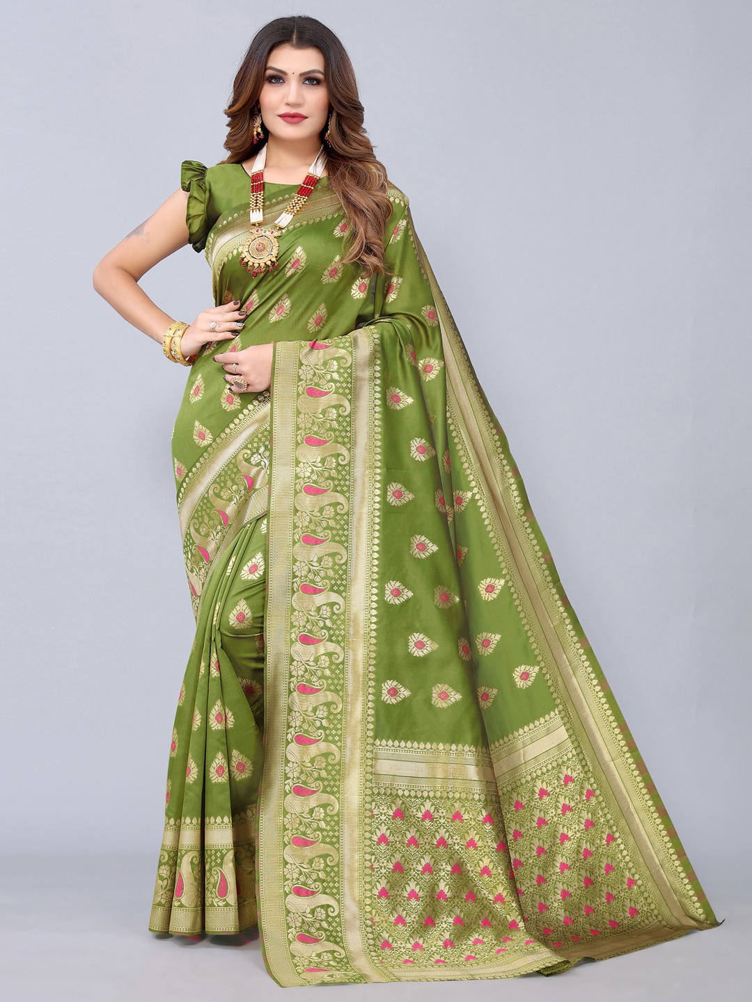 

Mitera Olive Green & Gold-Toned Ethnic Motifs Zari Banarasi Saree