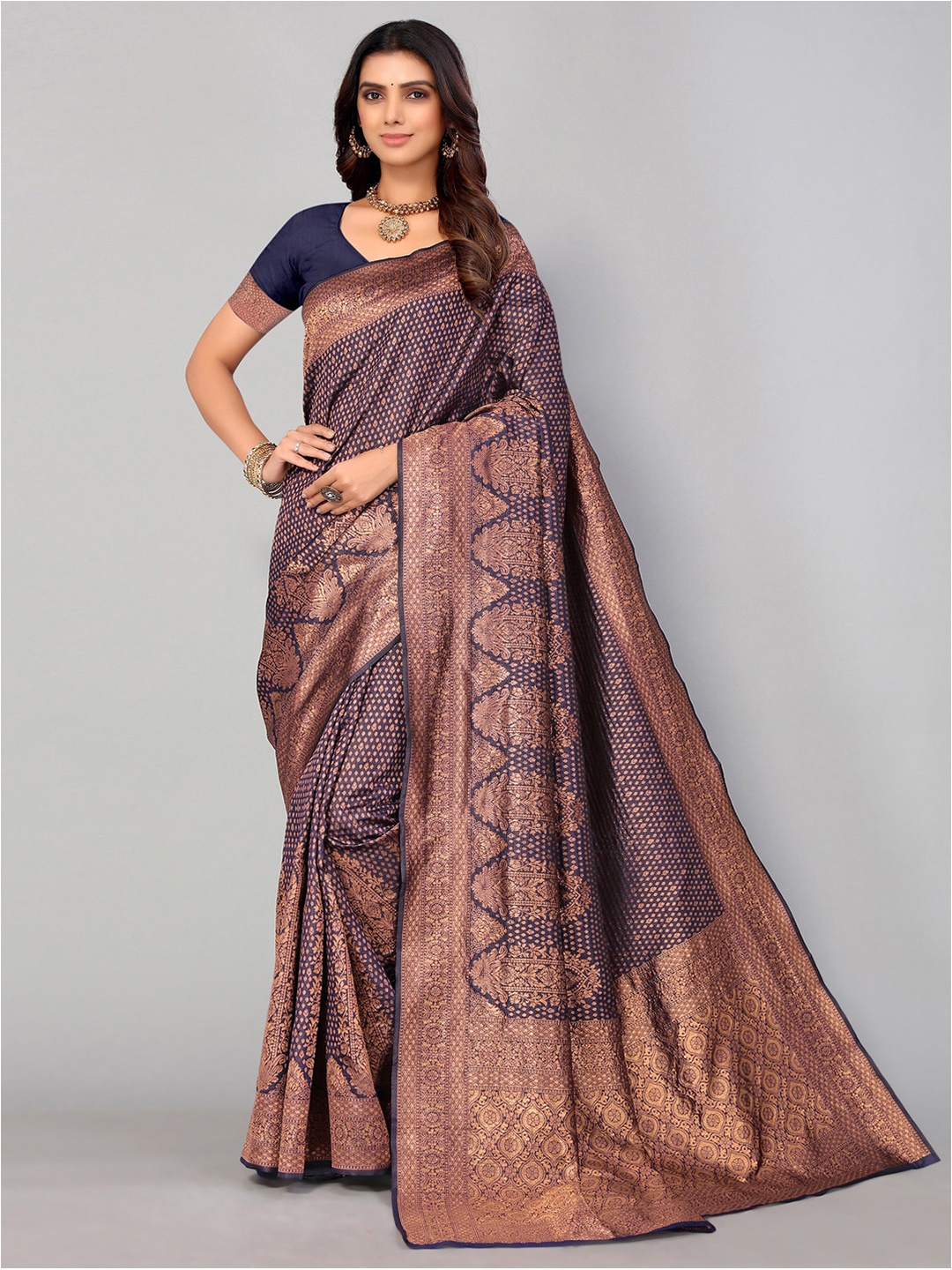 

Mitera Navy Blue & Copper-Toned Ethnic Motifs Zari Banarasi Saree