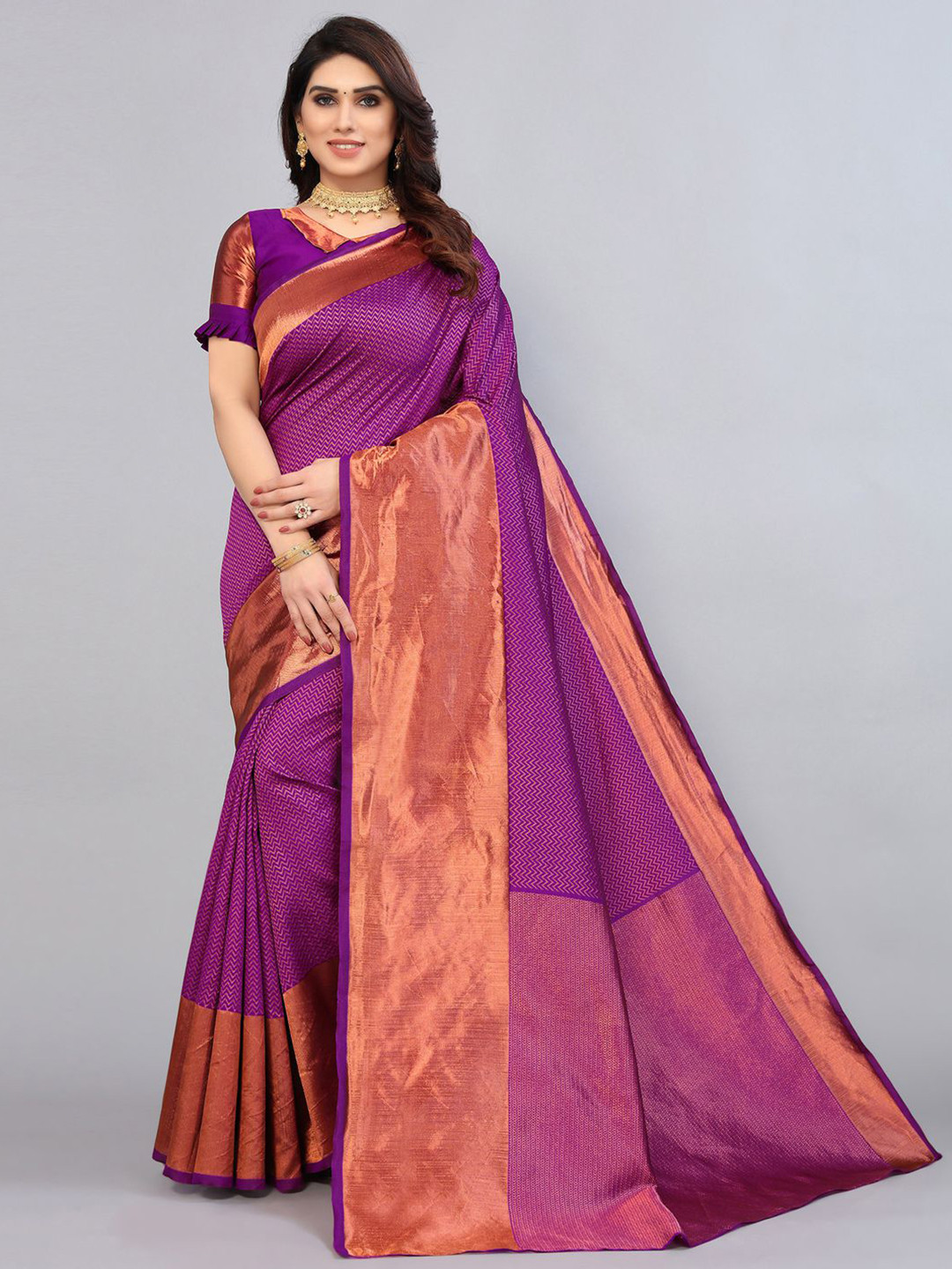 

Mitera Purple & Gold-Toned Woven Design Zari Banarasi Saree