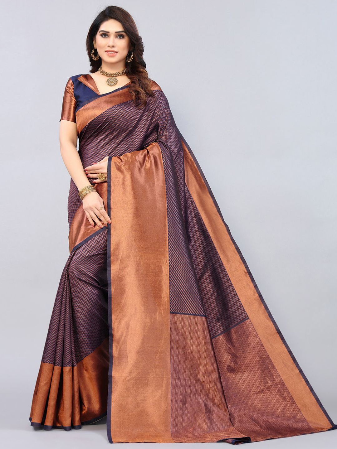 

Mitera Navy Blue & Copper-Toned Woven Design Zari Banarasi Saree