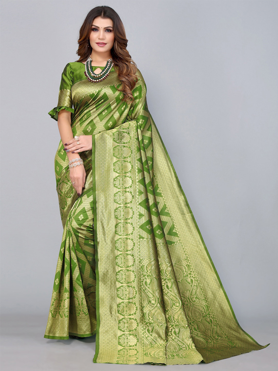 

Mitera Olive Green & Gold-Toned Ethnic Motifs Zari Banarasi Saree