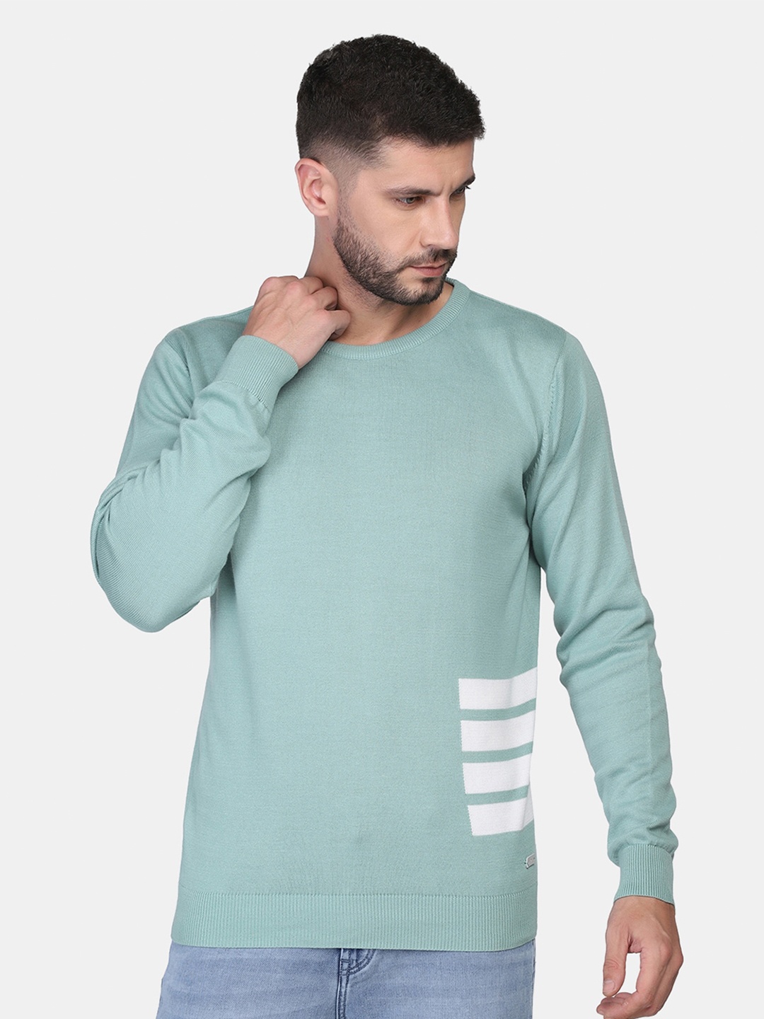 

Blackberrys Men Green & White Colourblocked Pullover