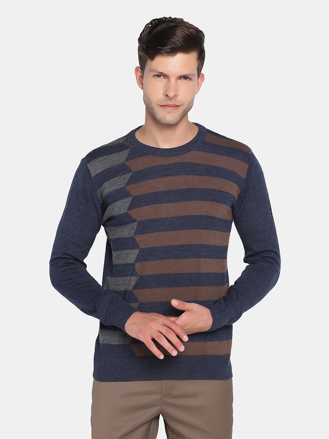 

Blackberrys Men Navy Blue & Brown Striped Pullover