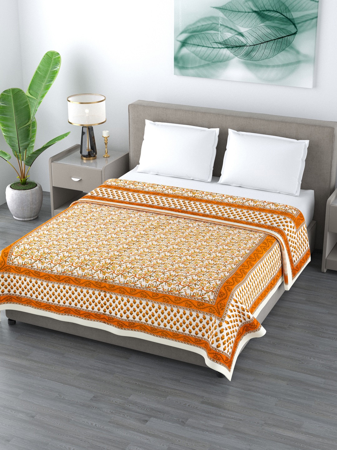 

LIVING ROOTS White & Yellow Ethnic Motifs AC Room 210 GSM Cotton Double Bed Dohar